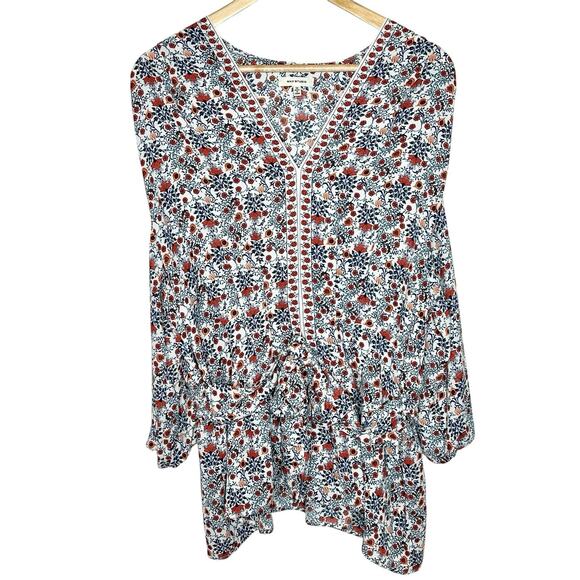 Max Studio Floral Top Orange Blue White Womens Size 1X Tie Colorful Boho Chiffon - Picture 1 of 9